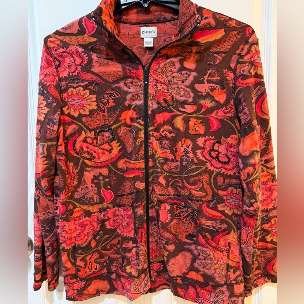 Chico's Red and Black Floral Beaded Jacket with Bold Design grannycore